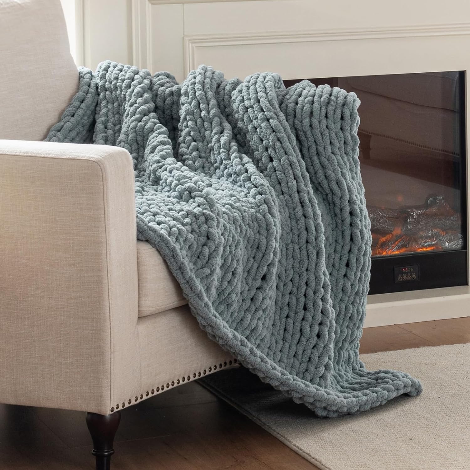 Chunky Knit Blanket Throw, 100% Hand Knit Throw Blanket Handmade Chenille Cable Knit Throw for