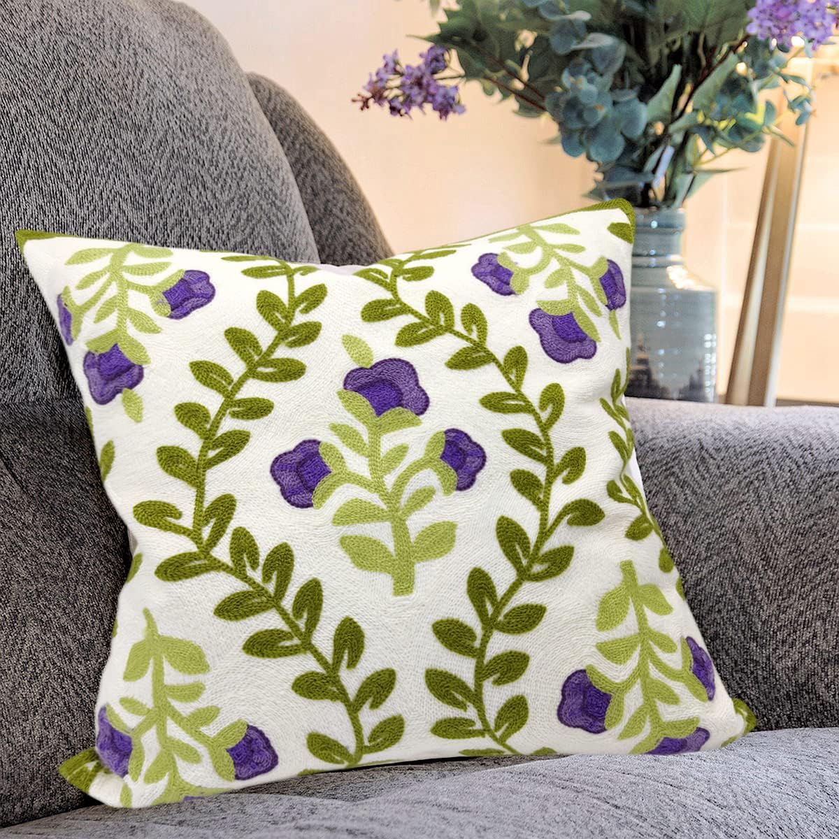 Alysheer Floral Embroidered Spring Decorative Throw Pillow Cover 18"x 18", Farmhouse Cottage Purple