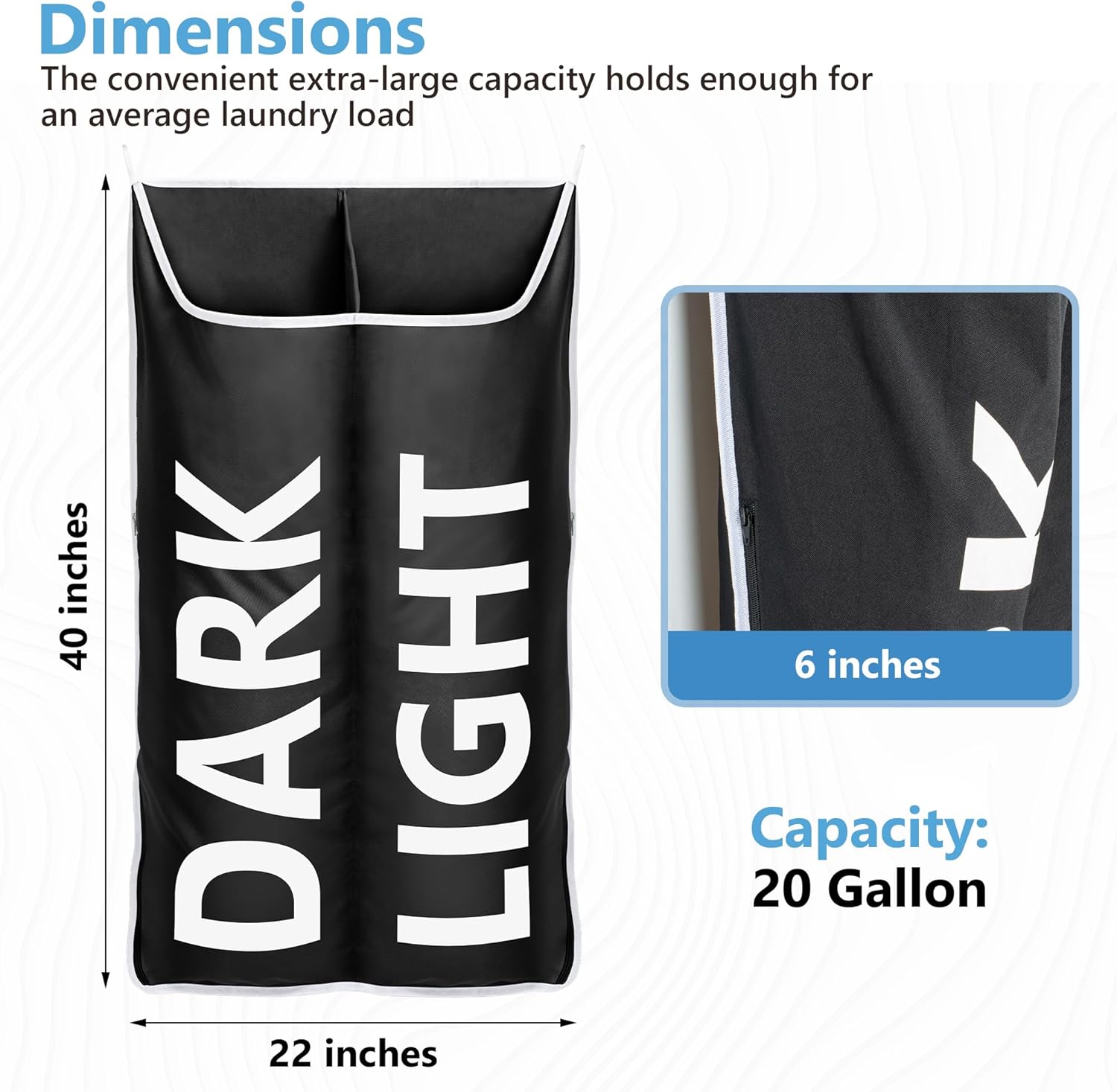 Hanging Laundry Hamper Bag XL 40x22", Space Saving over the Door Storage Bags, Behind the Door