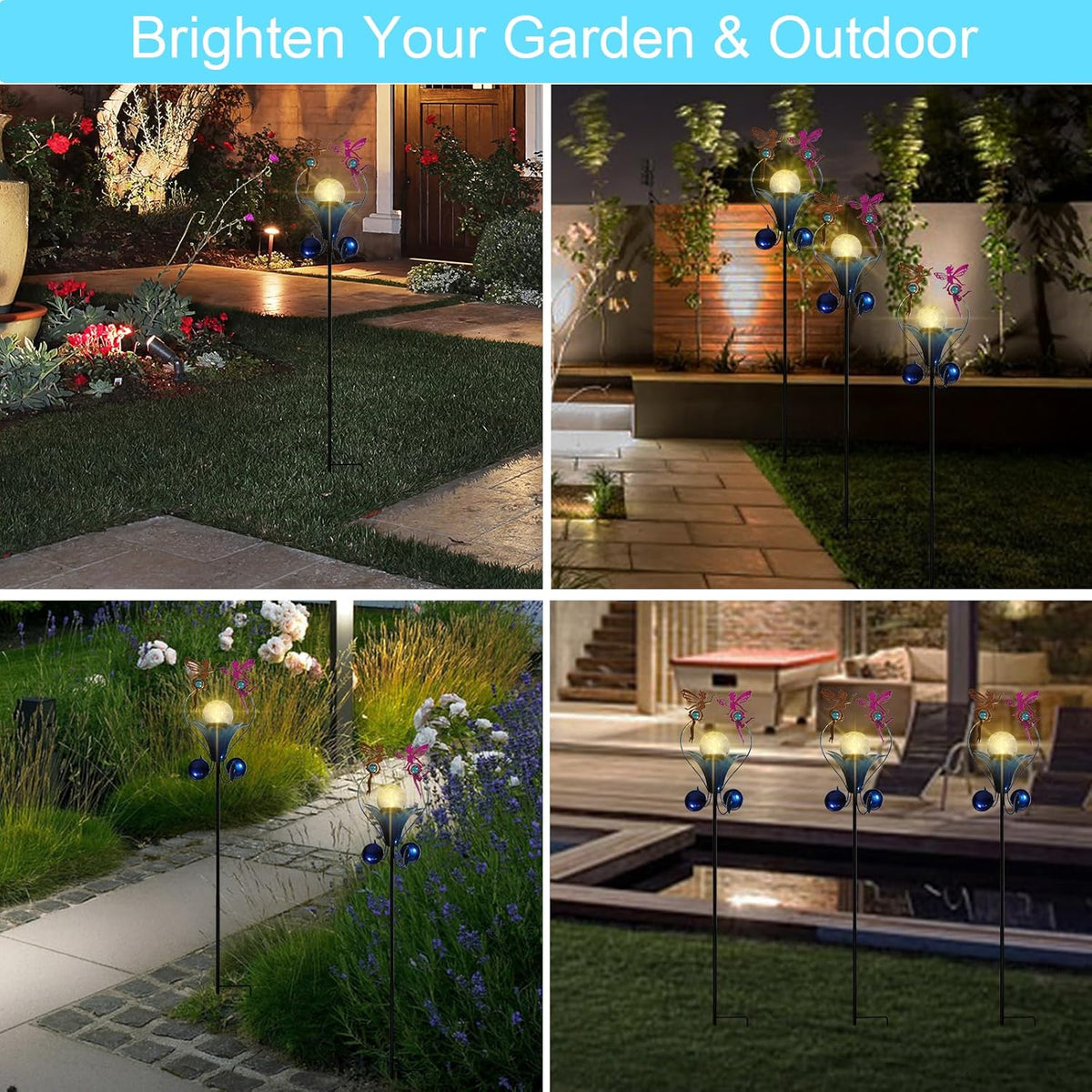 VCUTEKA Solar Lights Outdoor Metal Garden Stake Waterproof Crackle Glass Globe Garden Decor Fairy