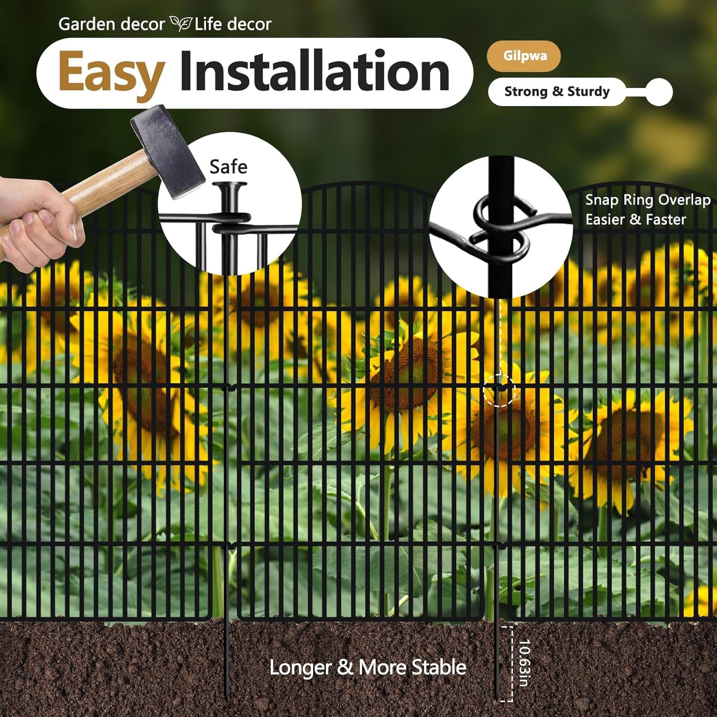 10 Panels Decorative Garden Metal Fence, 48in (H) x 24ft (L) No Dig Dog Fencing for Outdoor Yard
