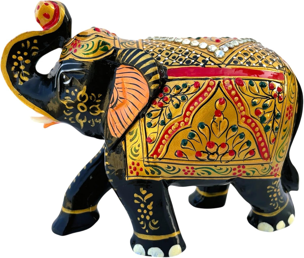 Handcrafted Wooden Elephant Figurine – Traditional Artwork, Gold & Gemstone Embellishments – Lucky