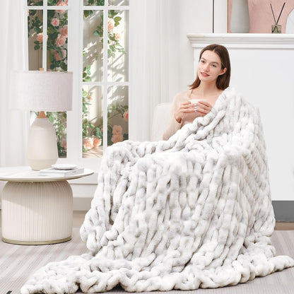 Touchat Ruched Faux Rabbit Fur Throw Blanket, 700 GSM Luxury Dual-Sided Soft Cozy Blanket, Fuzzy