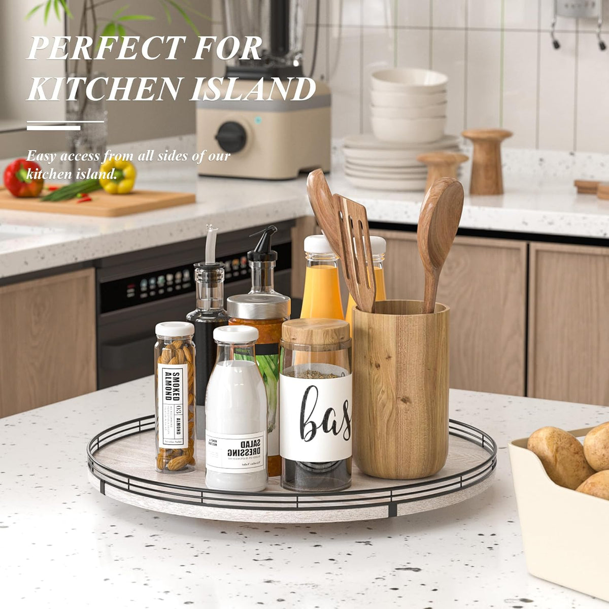 18" Lazy Susan Wood Turntable Organizer for Kitchen Decor, Farmhouse Round Wooden Lazy Susan
