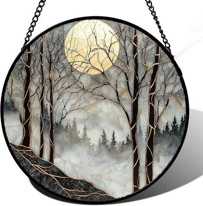 Stained Glass Window Hanging - Black and White Gold Moon Forest Sun Catcher for Door Home Decor