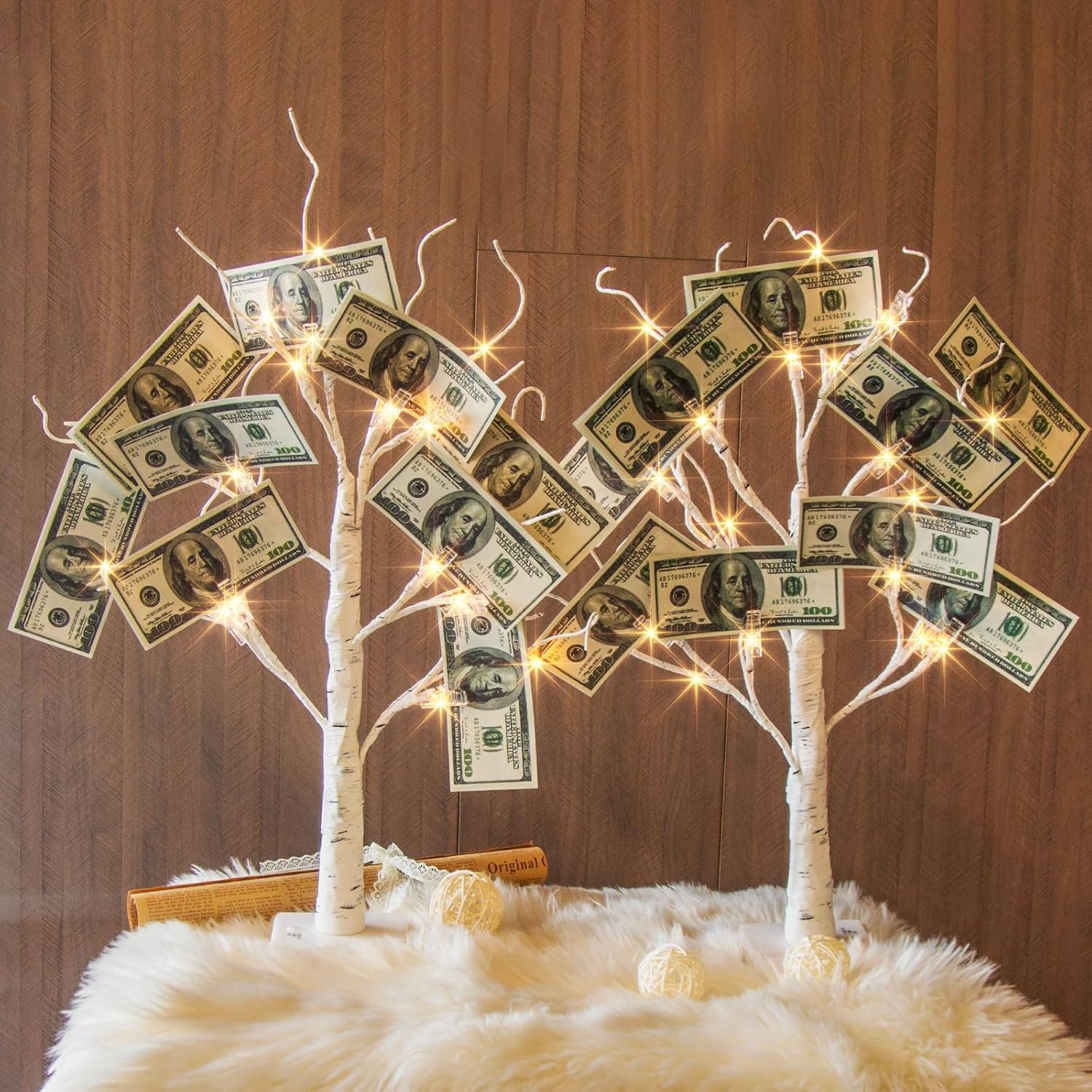 EAMBRITE Money Tree Gift Holder, Gift Card Tree 2FT 24LED, Lighted Birch Trees Battery/USB Powered