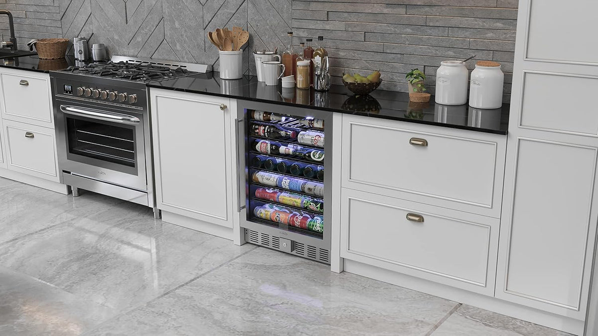 KoolMore 23.4??Inches Small Built-In Glass Door Refrigerator and Beverage Cooler for Soda Cans, 6