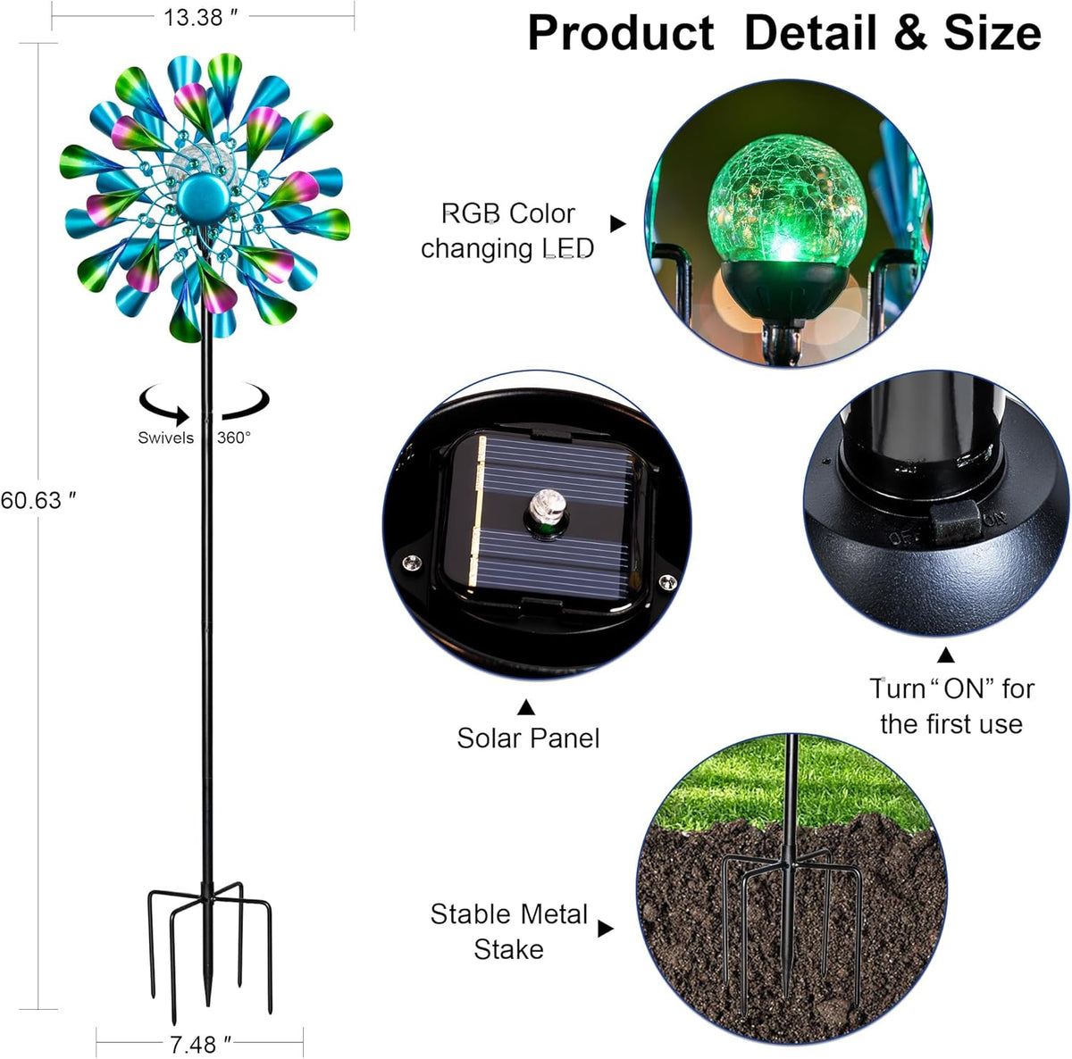 60'' Wind Spinner with Color Glass Ball Solar Lights, Green Peacock Feathers Metal Garden Outdoor