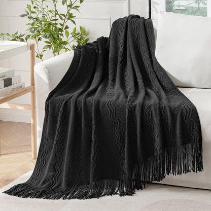 MIULEE Black Knitted Throw Blanket for Couch Textured Knit Blanket with Tassels Cozy Woven Boho Bed