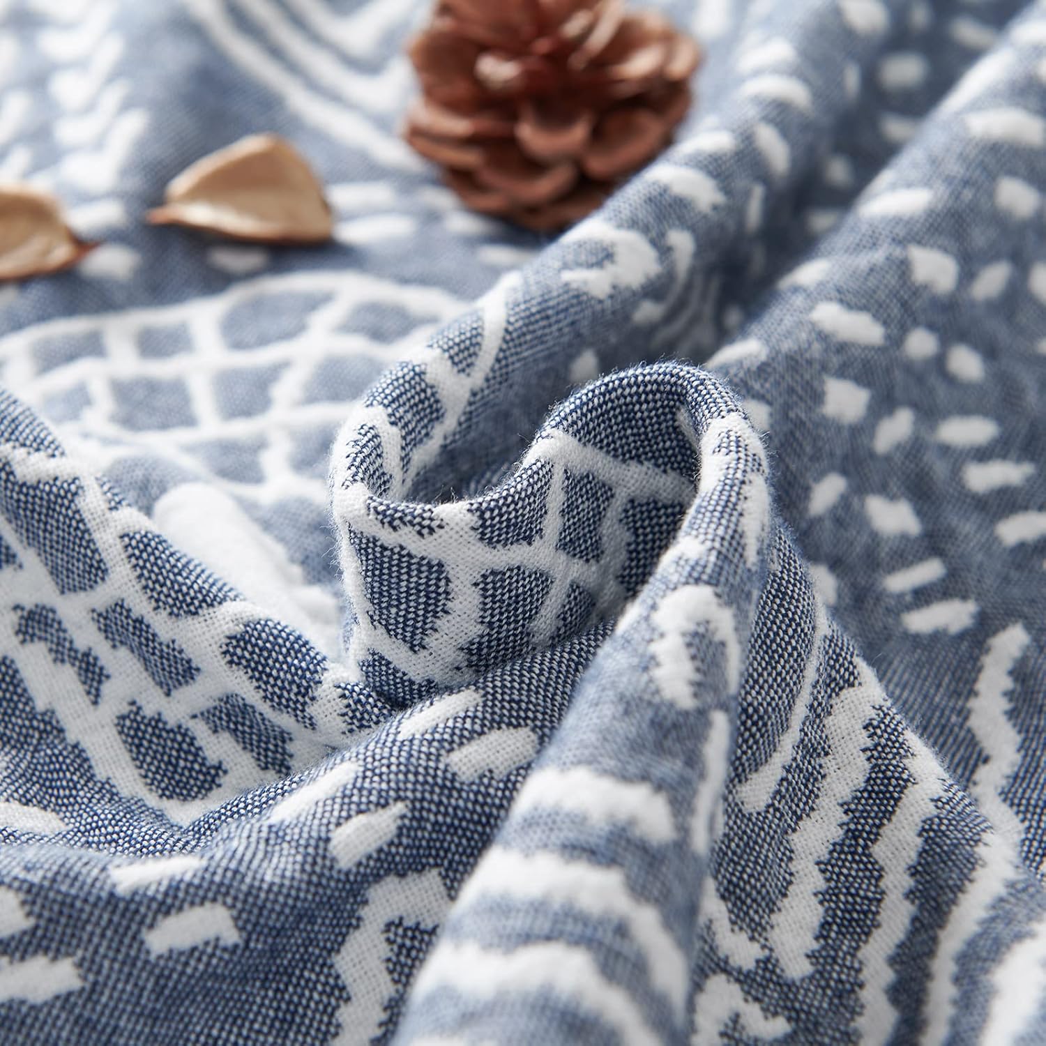 JINCHAN Boho 100% Cotton Muslin Blanket 3-Layer Twin Size Geometric Lightweight Reversible Soft