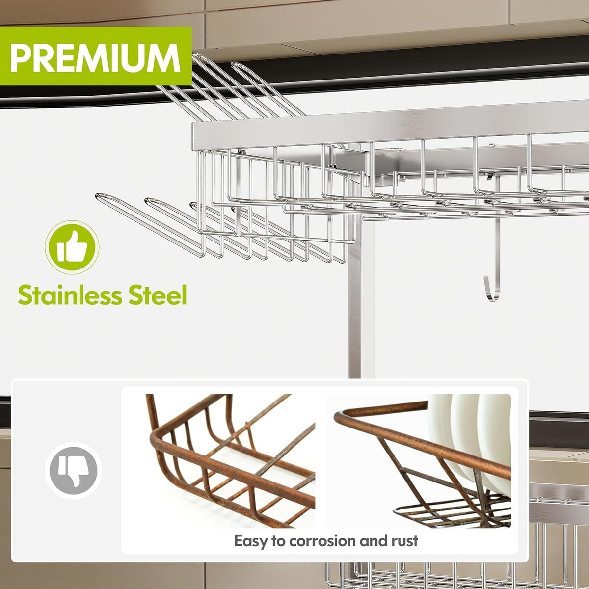 2 Tier Extra Large Stainless Steel Expandable Over The Sink Dish Drainer Drying Rack, Rust Proof