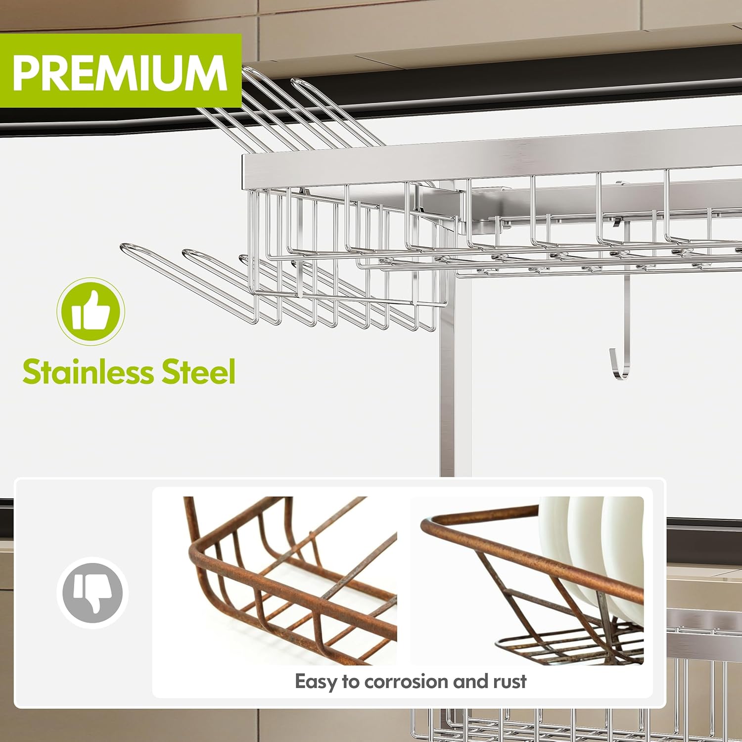 2 Tier Extra Large Stainless Steel Expandable Over The Sink Dish Drainer Drying Rack, Rust Proof