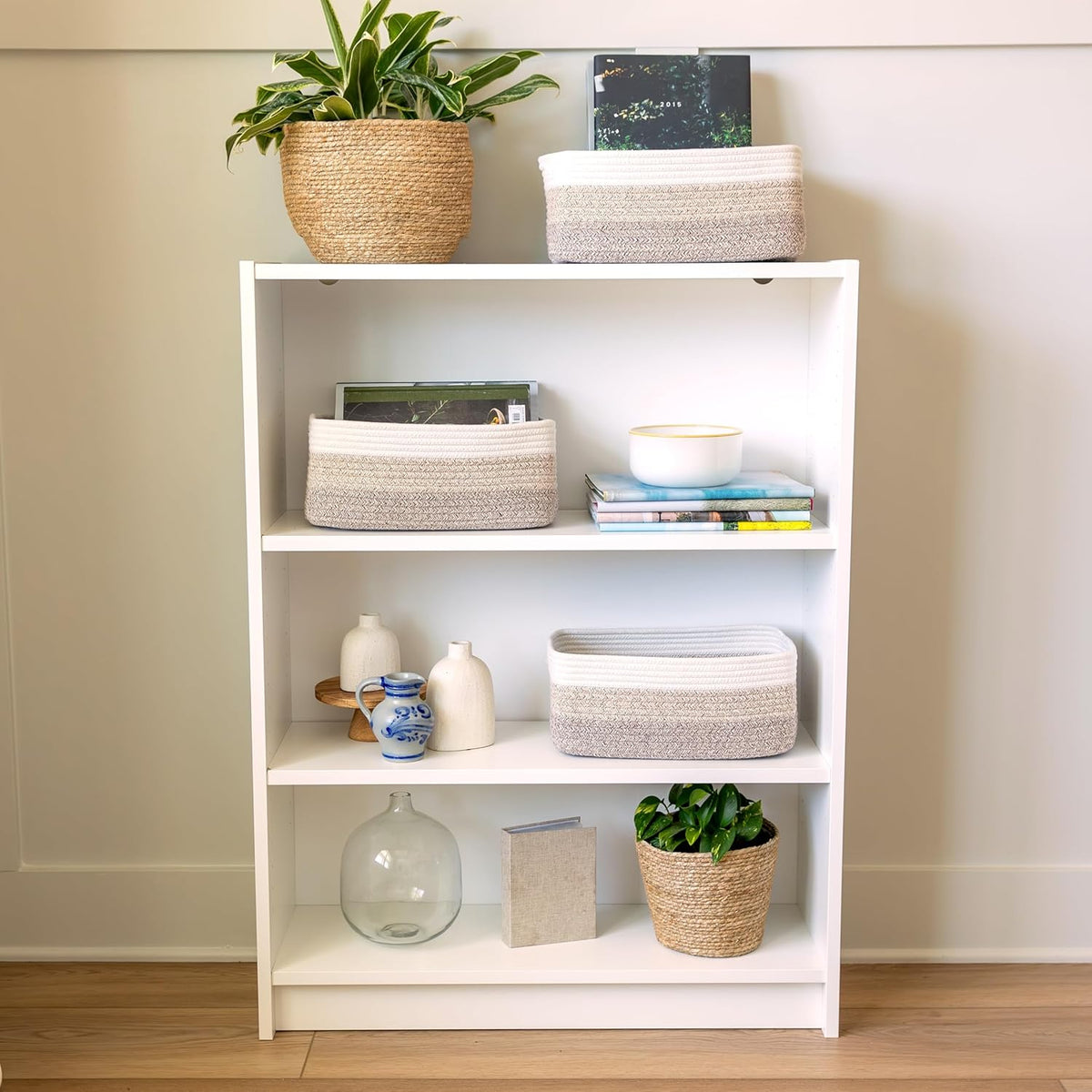 NaturalCozy 13.5”x8.5”x5.5” Storage Baskets for Shelves 3 Pack | Cotton Rope Woven Small Baskets