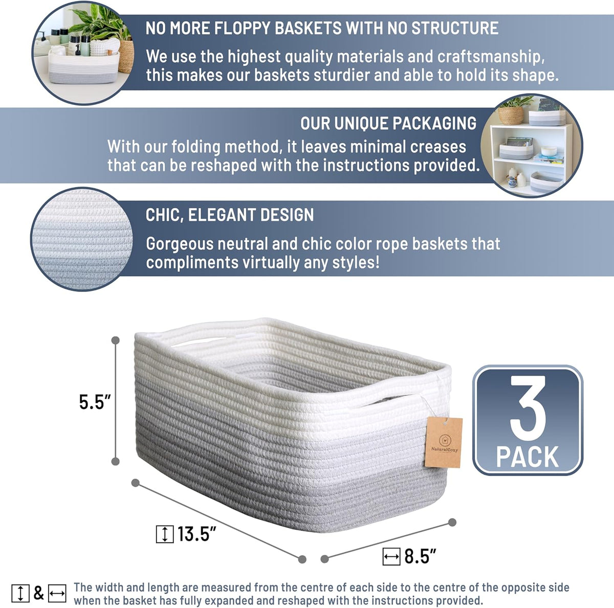 NaturalCozy 13.5”x8.5”x5.5” Rectangle Storage Baskets for Shelves 3 Pack | Cotton Rope Woven Small