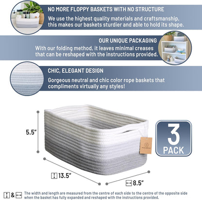 NaturalCozy 13.5”x8.5”x5.5” Rectangle Storage Baskets for Shelves 3 Pack | Cotton Rope Woven Small