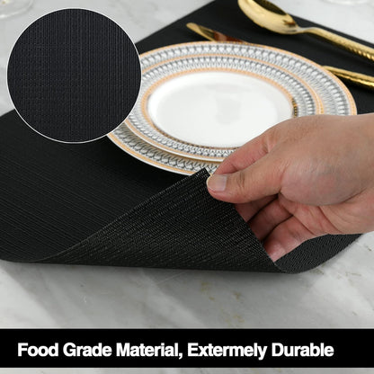 Black Placemats Set of 6 - Easy Clean Washable Vinyl Placemats - Wipeable Heat Proof Table Mats for