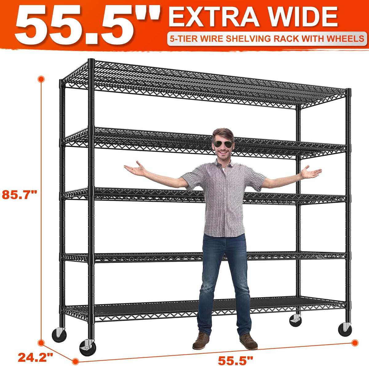 REIBII 85.7" H Storage Shelves 2998LBS Metal Shelving Unit with Wheels & Feet, 5 Tier Garage