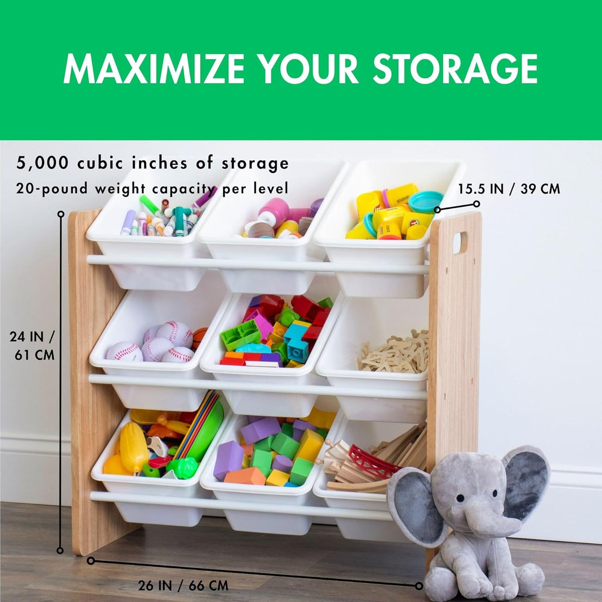 Humble Crew 9-Bin Toy Organizer – Journey Natural Wood with White Plastic Bins, 3-Tier Storage