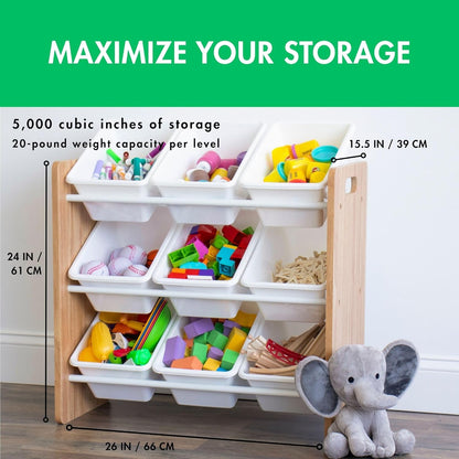 Humble Crew 9-Bin Toy Organizer – Journey Natural Wood with White Plastic Bins, 3-Tier Storage