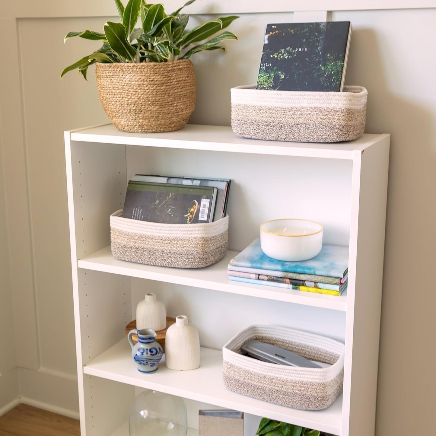 NaturalCozy 11.8"x8"x4.5” Storage Baskets for Shelves 3 Pack | Cotton Rope Woven Small Baskets for