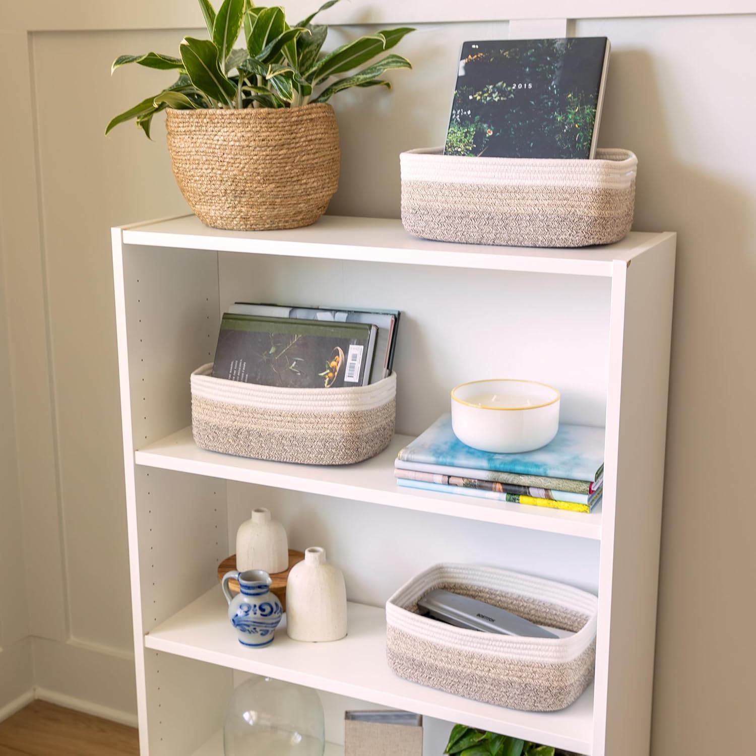 NaturalCozy 11.8"x8"x4.5” Storage Baskets for Shelves 3 Pack | Cotton Rope Woven Small Baskets for