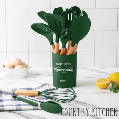 Country Kitchen Non Stick Silicone Utensil Set with Rounded Wood Handles for Cooking and Baking, 14