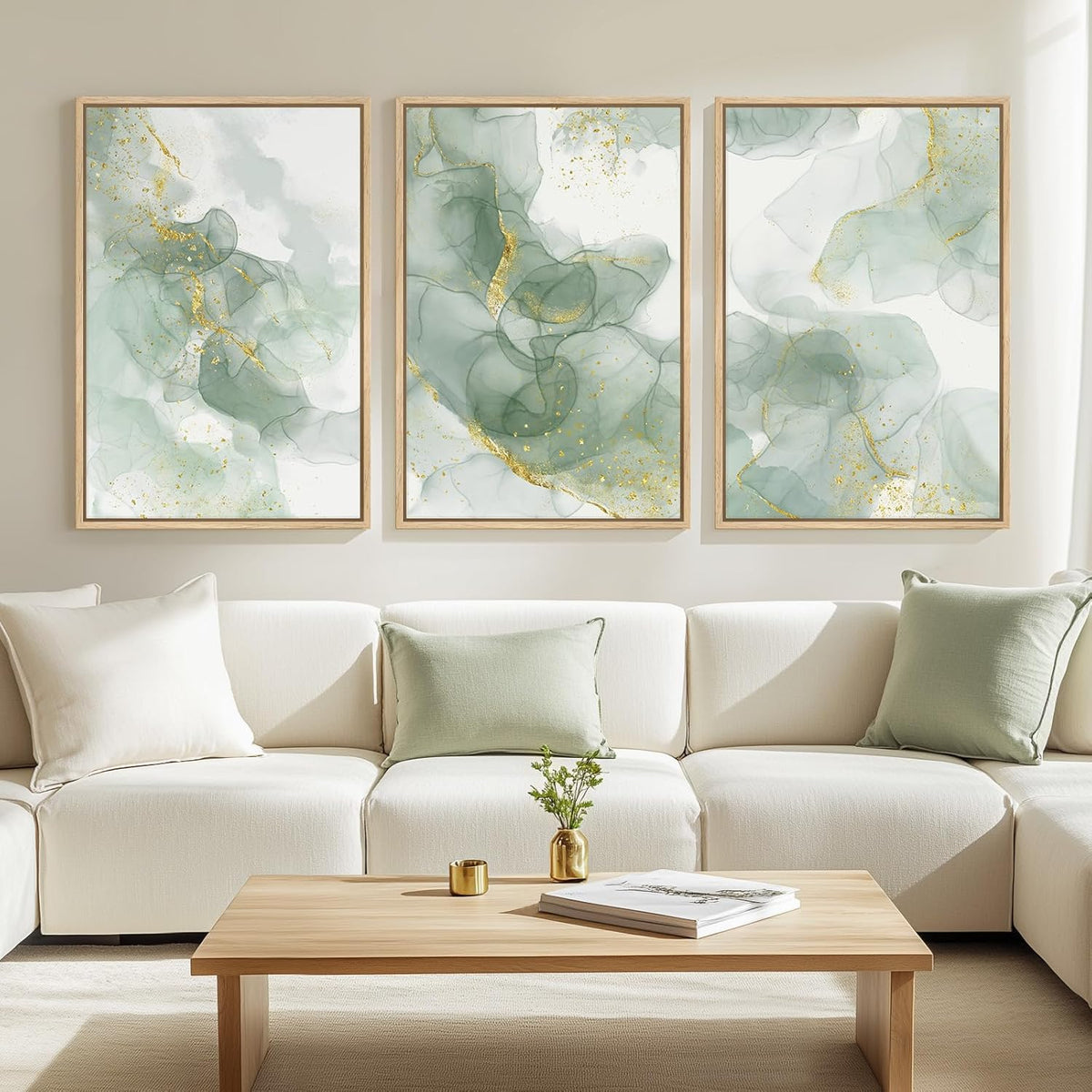 Large Framed Sage Green Abstract Wall Art for Living Room, 3 Piece Green and Gold Canvas Prints