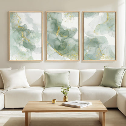 Large Framed Sage Green Abstract Wall Art for Living Room, 3 Piece Green and Gold Canvas Prints