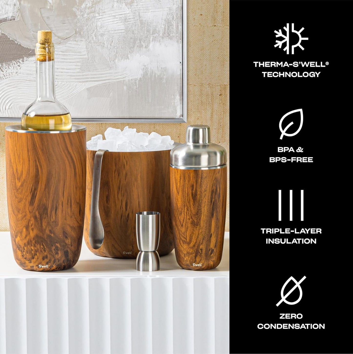 S’well Stainless Steel Ice Bucket with Tongs, 68oz Capacity, Teakwood Finish, Triple-Layer Vacuum