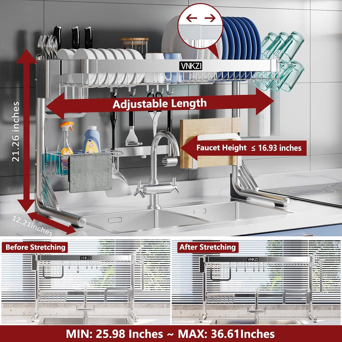 VNKZI Over Sink Dish Drying Rack, 2 Tier Full Stainless Steel Storage Adjustable Length (25.98'' to