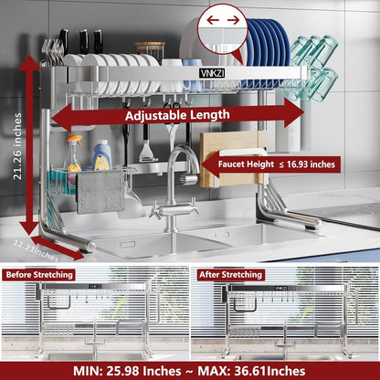 VNKZI Over Sink Dish Drying Rack, 2 Tier Full Stainless Steel Storage Adjustable Length (25.98'' to