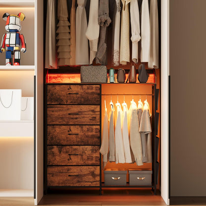 LUMTOK 2-in-1 Dresser with Hanging Racks,5 Fabric Drawers Dressers with LED Lights, Charging