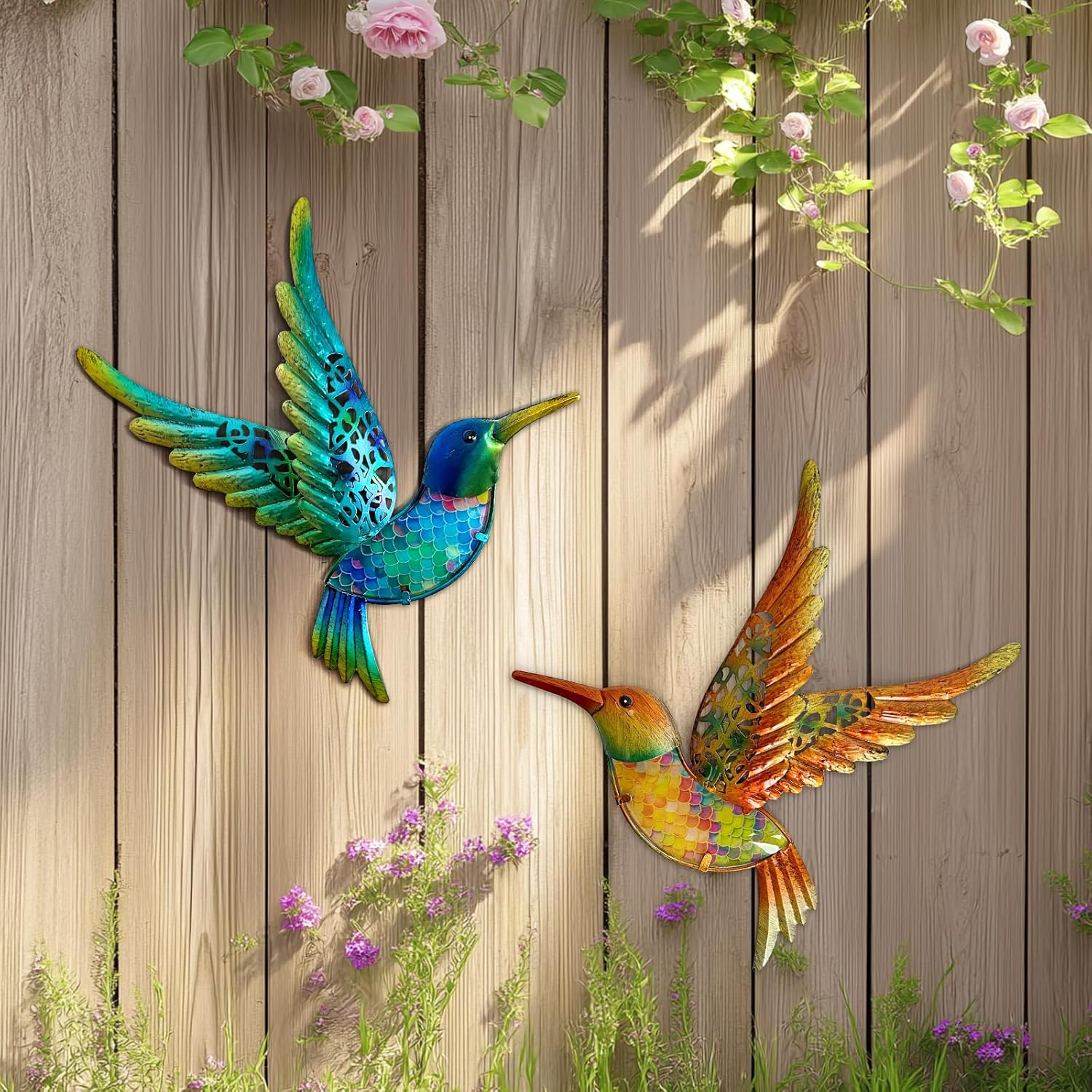 HONGLAND Metal Hummingbird Wall Art 12inch Metal Birds Wall Sculpture Garden Decoration Outdoor