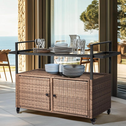 VINGLI Wicker Outdoor Bar Cart with Storage and Wheels, Outdoor Bar Table Serving Cart Rattan Bar