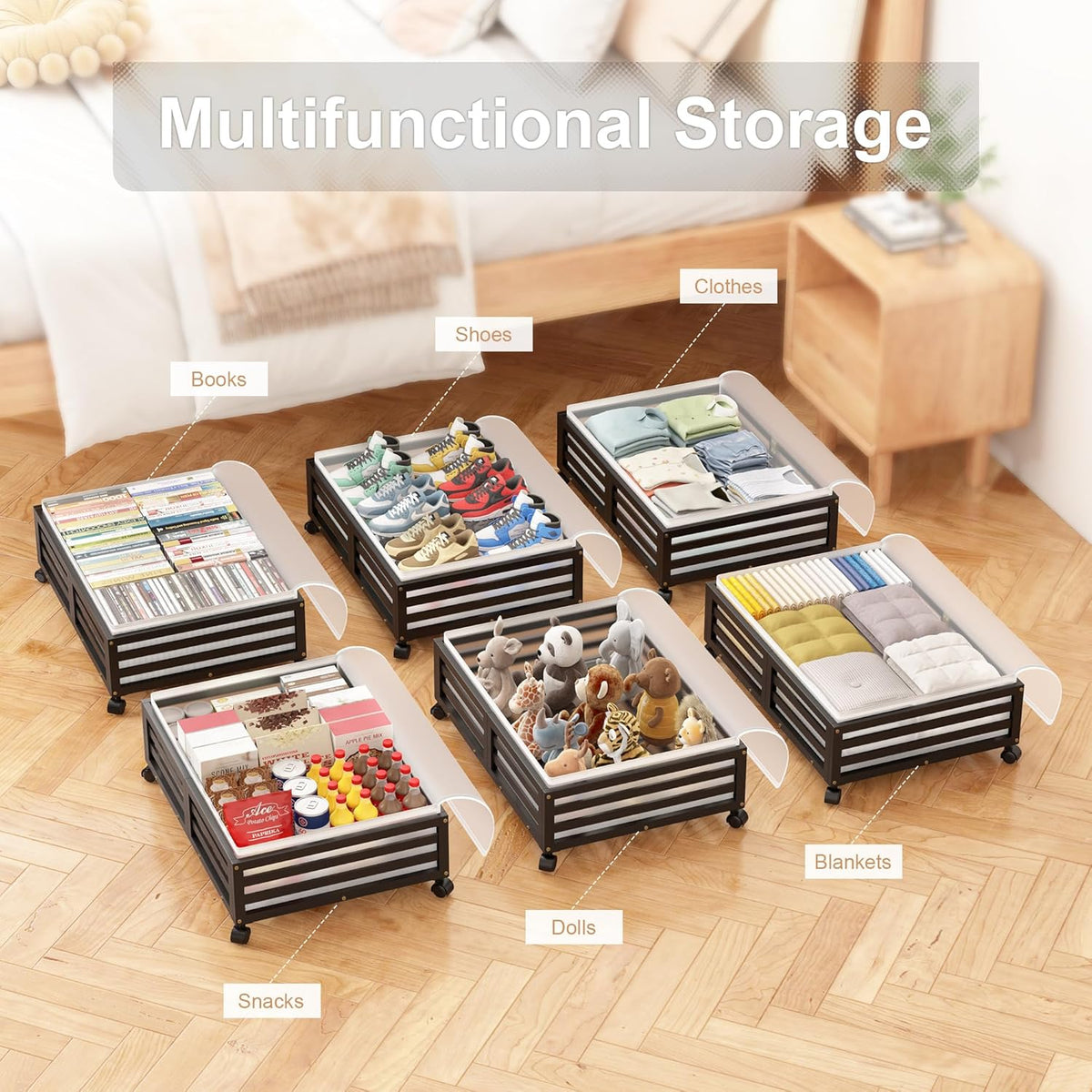 Under Bed Storage with Wheels-Large Bamboo Underbed storage Containers with Large Dust Bag