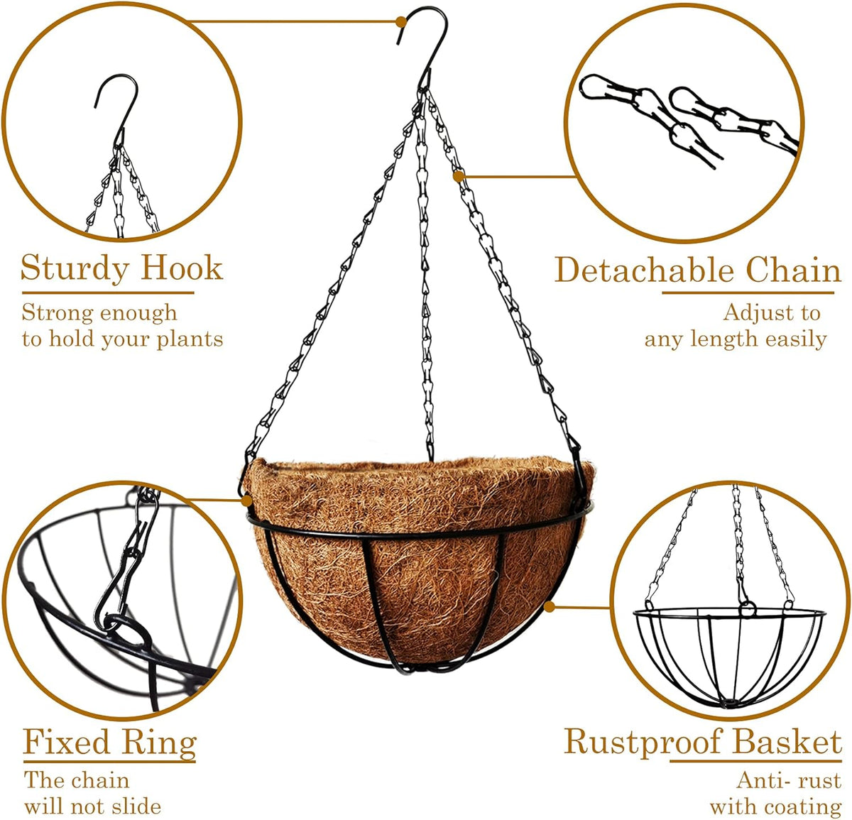 4 Pack 10 inch Metal Hanging Planters Basket with Coco Coir Liner Outdoor-Hanging Baskets for