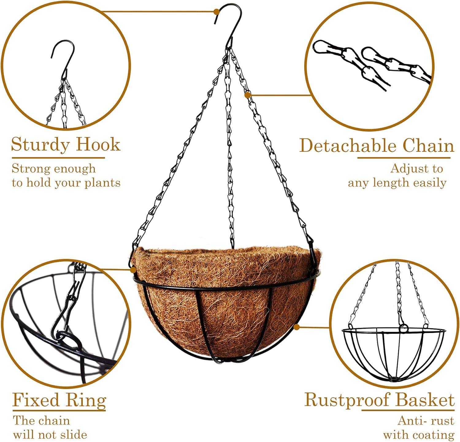 4 Pack 10 inch Metal Hanging Planters Basket with Coco Coir Liner Outdoor-Hanging Baskets for