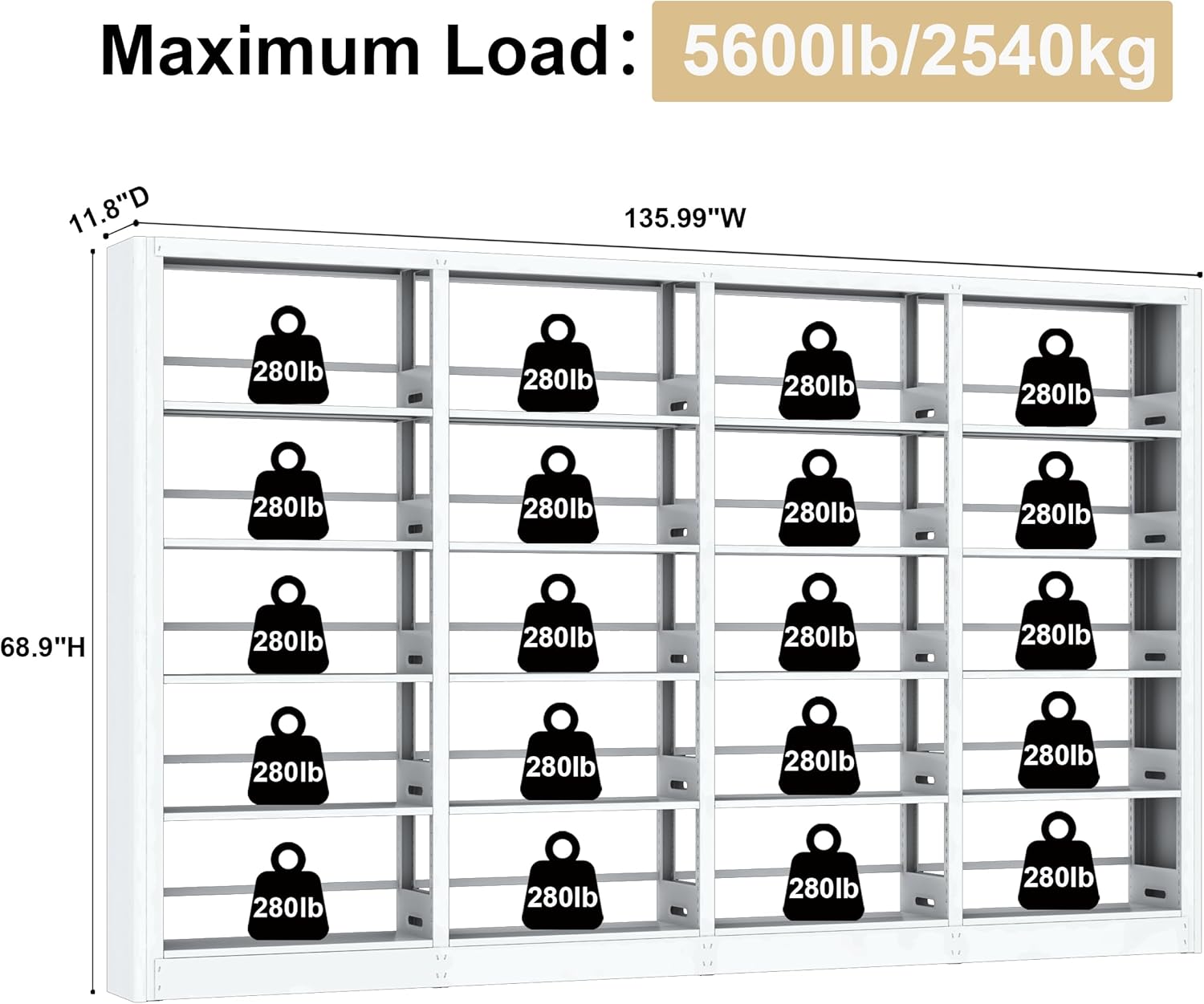 5-Tier Industrial Bookshelf, White Bookcases and Bookshelves,Tall Metal Book Shelf Storage