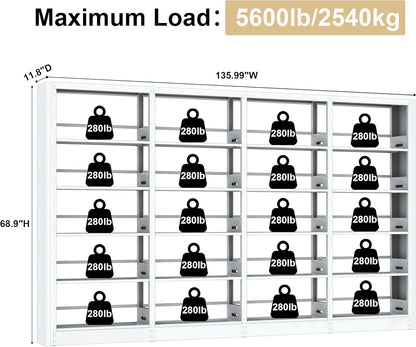 5-Tier Industrial Bookshelf, White Bookcases and Bookshelves,Tall Metal Book Shelf Storage