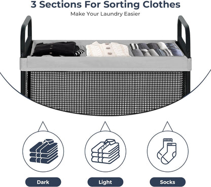 STO STO Laundry Hamper 3 Section, 120L Rolling Laundry Sorter Cart with Removable and Washable