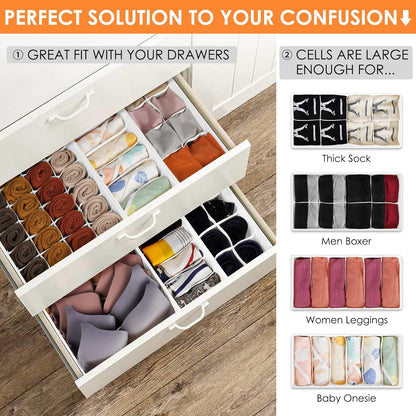 6 Pack Sock Underwear Drawer Organizer Dividers, 58 Cell Foldable Fabric Dresser Closet Organizers