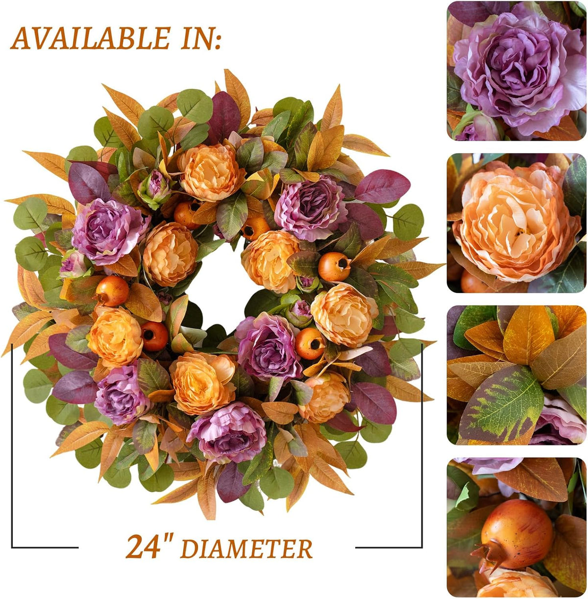 24 Inch Fall Wreath for Front Door - Autumn Wreath with Peony, Maple Leaves, Berries - Farmhouse