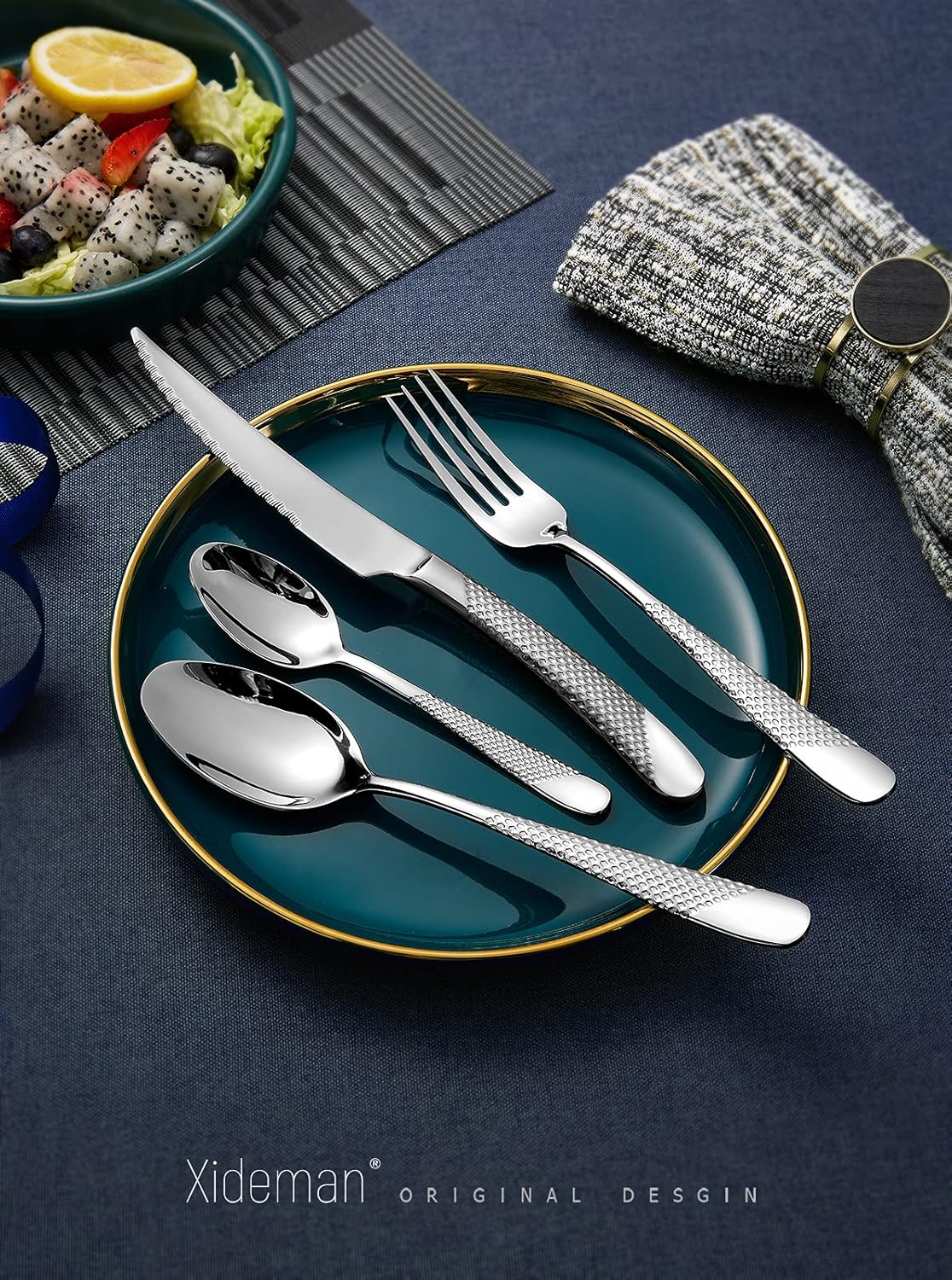 16-Piece Modern Hammered Cutlery Set with Ultra Sharp 2-in-1 Serrated Knife, 18/10 Stainless Steel
