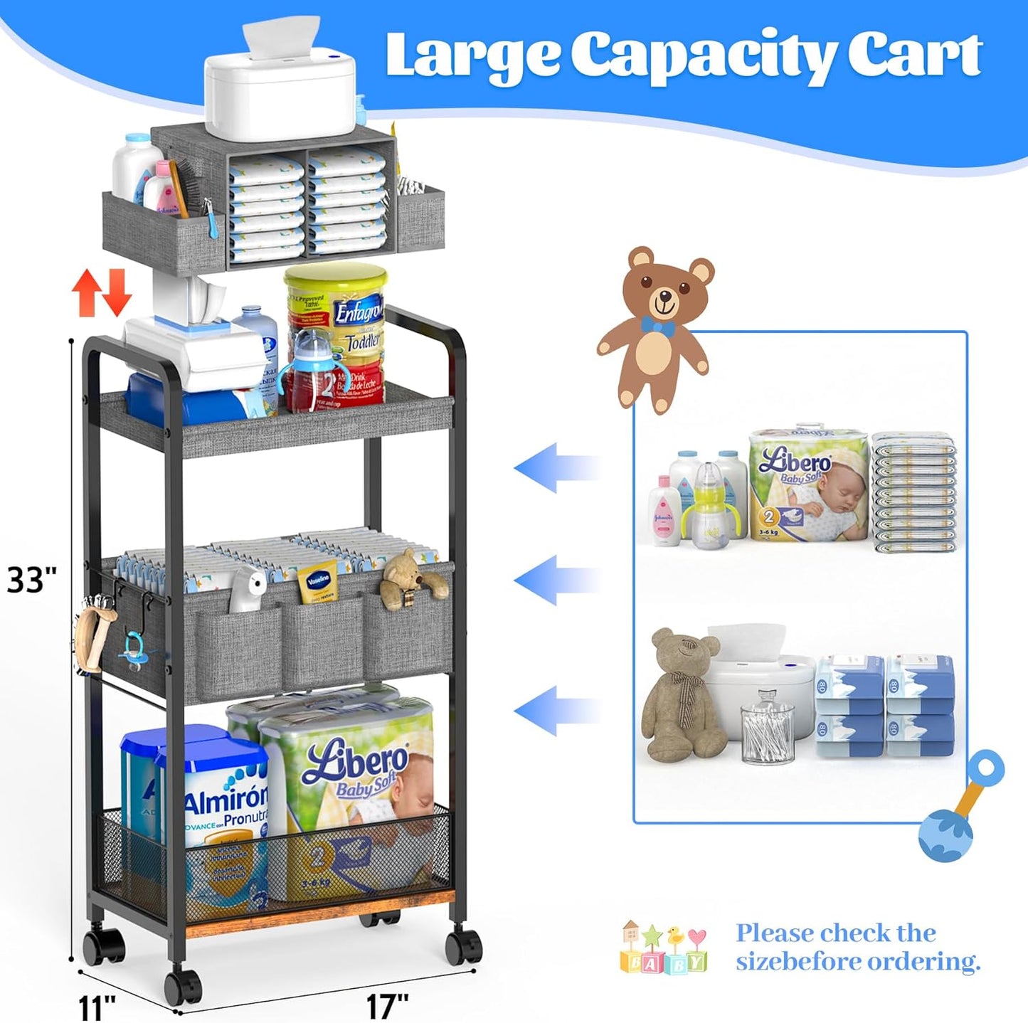 2In1 Baby Diaper Caddy & 3-Tier Rolling Diaper Cart, Caddy Organizer Cart with Dividers, Mobile