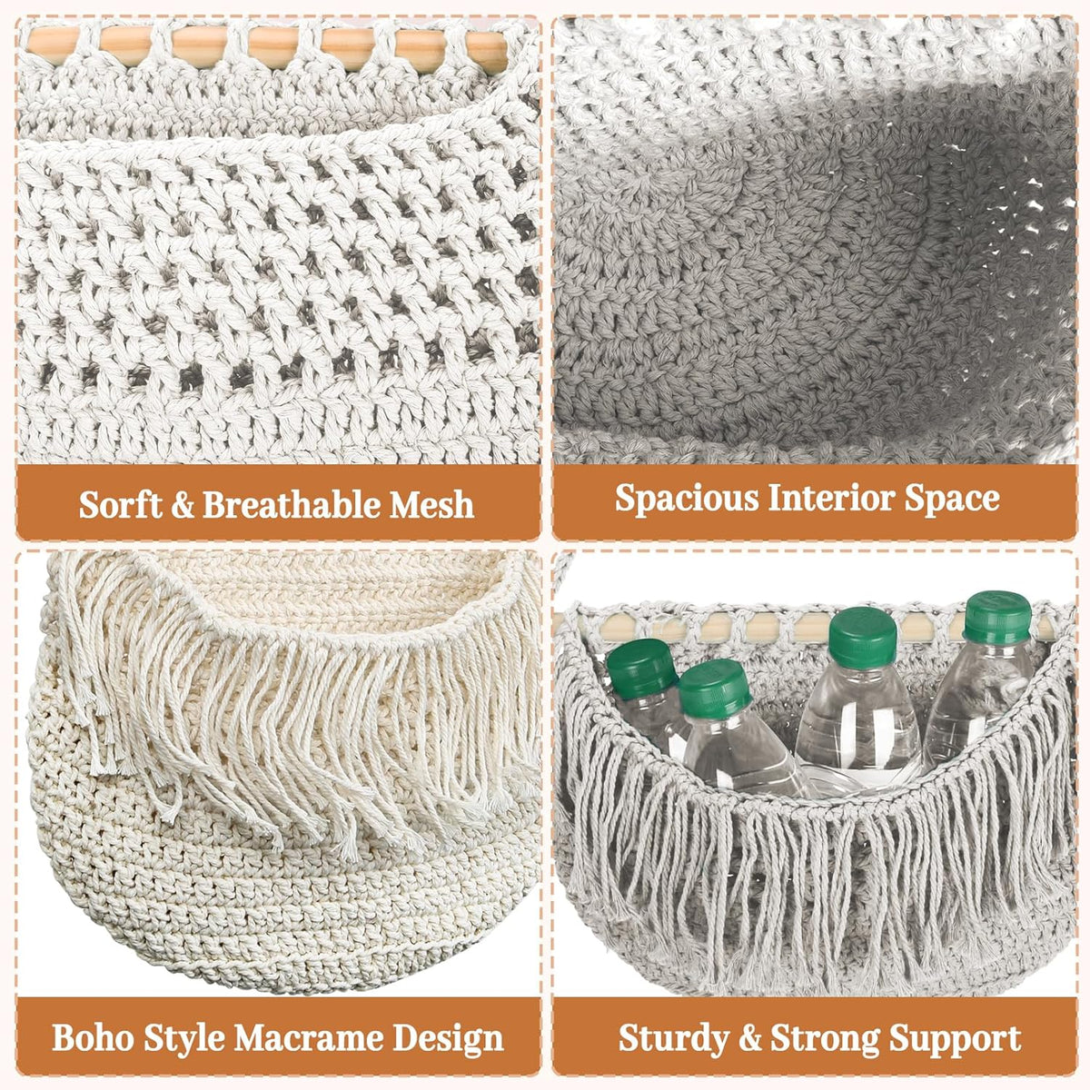 4 Tier Hanging Fruit Basket for Kitchen, 4 Pack Detachable Cotton Crocheted Wall Hanging Baskets