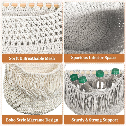 4 Tier Hanging Fruit Basket for Kitchen, 4 Pack Detachable Cotton Crocheted Wall Hanging Baskets