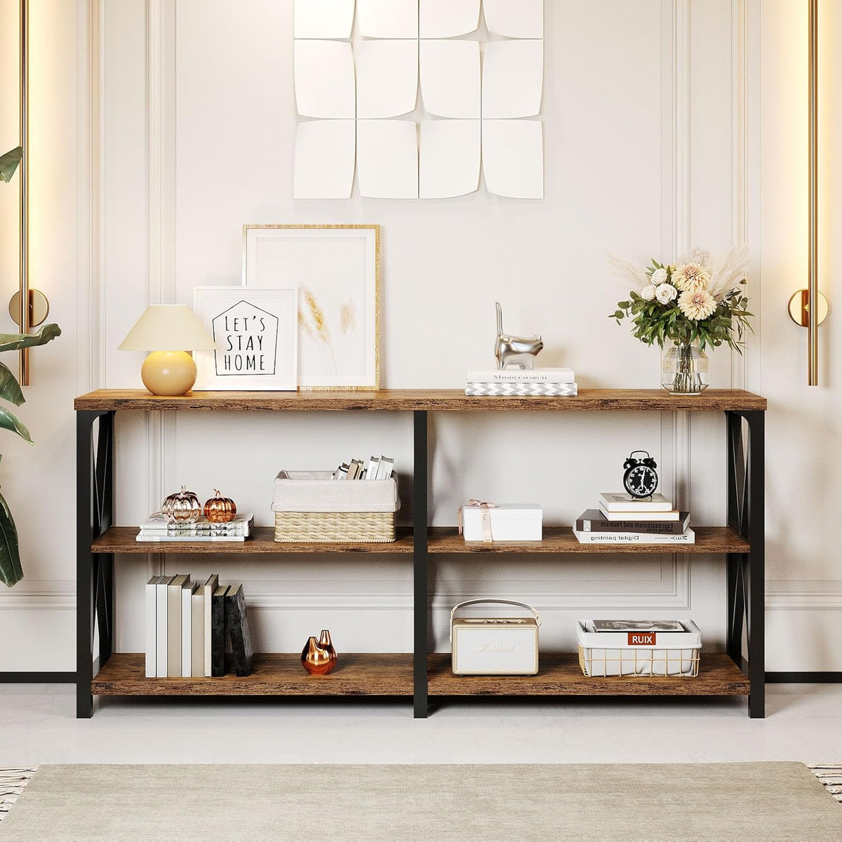 LVB Rustic Console Table, Industrial Wood Metal Sofa Table Behind Couch, Farmhouse Long Entryway