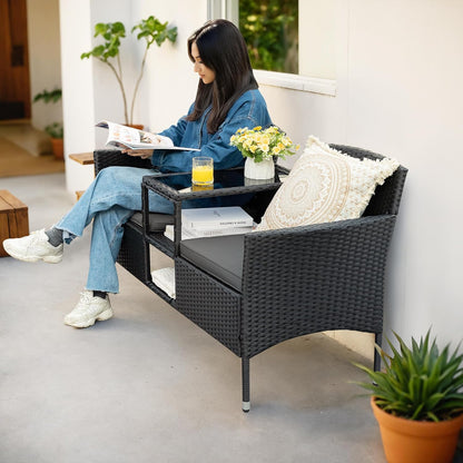 Flamaker Outdoor Furniture Patio Loveseat Wicker 2-Seat with Built-in Table and Cushions Rattan