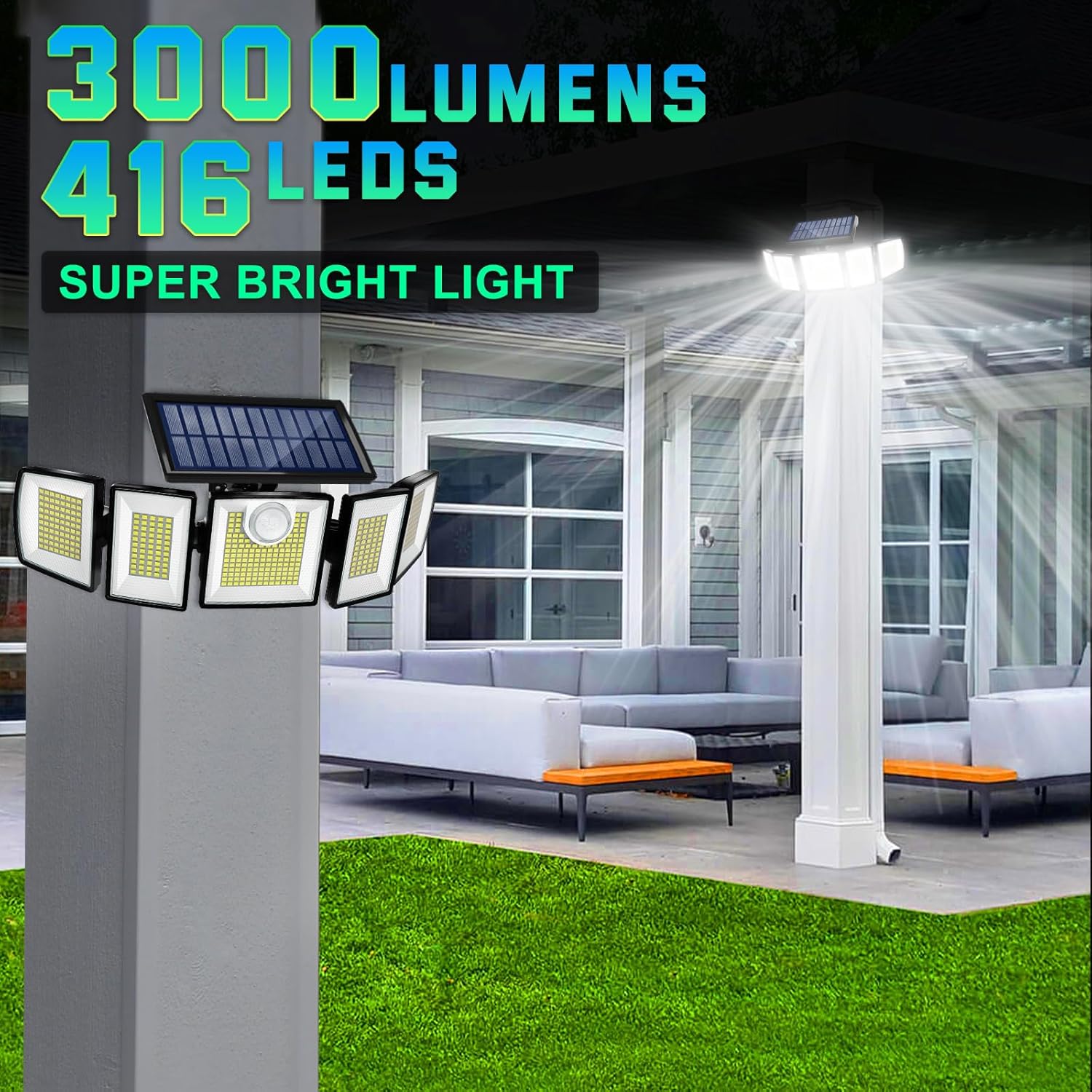 Solar Lights Outdoor Waterproof Motion Sensor - 416 LEDs 3000 Lumens Super Bright 3 Brightness 3
