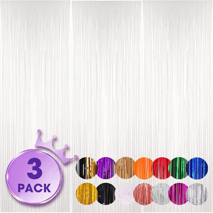 3 Pack 3.3x8.2 Feet White Foil Fringe Backdrop Curtains, Tinsel Streamers Birthday Party